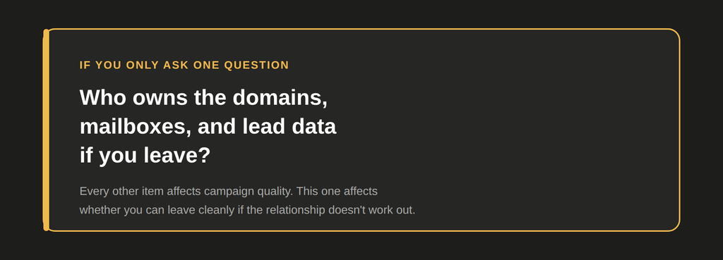 Callout highlighting the single most important question: who owns the domains, mailboxes, and lead data